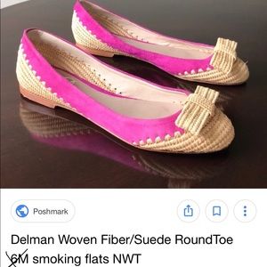 Delman fuchsia suede and woven flats.